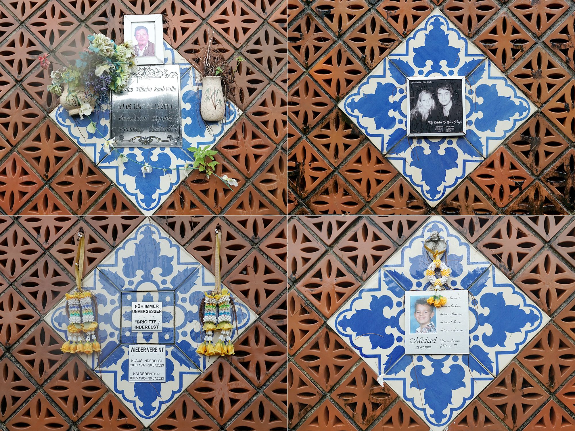 Plaques bearing the faces and names of tourists who perished.